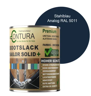 Produktbild von Contura Bootslack 500ml. Farbig Glänzend Yacht- Buntlack Metall Holz GFK Holzlack Schiffslack RAL Boot Farblos - Stahlblau RAL 5011 Analog