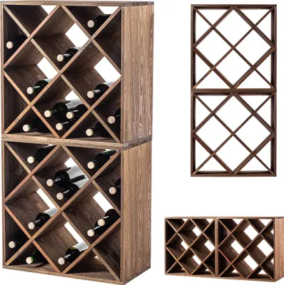 A collection of wooden wine racks, some filled with wine bottles, displayed against a white background.