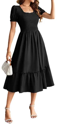 Imagen del producto de Vestido midi de corte en A, con cuello en forma de "U" y mangas cortas, color negro