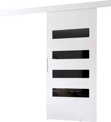 A white sliding door with black glass inserts is shown against a white background.