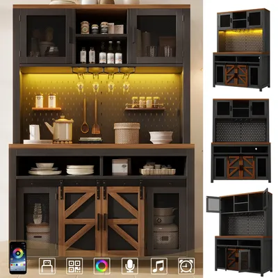 Produktbild von Küchenschränke, Hochschrank mit USB-Anschluss & LED-Beleuchtung, multifunktionaler Stauraum, großzügige Arbeitsfläche für Küche & Esszimmer, Schwarz