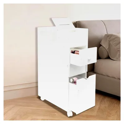 Produktbild von Nischenregal, schmaler Badezimmerschrank auf Rollen, Nischenschrank mit Schubladen und Gewebeschlitzen, Rollwagen, 45×22×76 cm