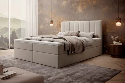 Produktbild von Boxspringová manželská posteľ MyBed Allen 180x200 čalúnená béžová Matrac Bonnell H3 topper ZDARMA