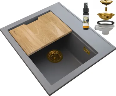 Obrázek produktu pro Granitan | Granitový dřez FOXAL - 565x505 mm - šedý - vysoce kvalitní a funkční - se zlatým sifonem