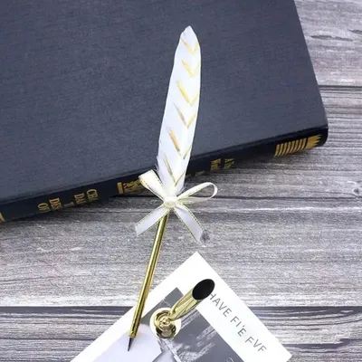 Produktbild von Vintage Kalligraphie Feder Set mit 5 Schreibfedern Tintenfeder Stift Kalligraphie-Set Unterschrift Schreibset - Farbe: Weiß mit Gold Streifen