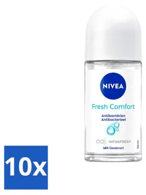 Imagen del producto de 10 roll-on desodorantes NIVEA Fresh Comfort, 50 ml cada uno. Paquete económico de 10 unidades