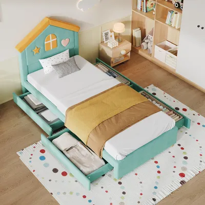 Immagine prodotto di Letto per bambini 90x200 cm, letto a casetta con quattro cassetti, letto imbottito per bambini in blu-verde con rivestimento in velluto, ideale per camerette di bambini e adolescenti
