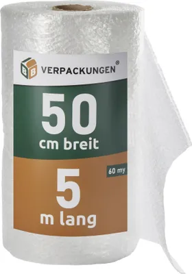 Produktbild von 1 x Luftpolsterfolie (0,5 x 5 m) echte 60 my stark, Versandfolie, Polsterfolie zum Schutz von empfindlichen Gegenständen, recycelbar BB-Verpackungen