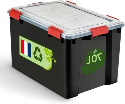Image de Boîtes de rangement en plastique transparent 70 L, rouges, hermétiques et étanches, à fermeture par clic, empilables, sans BPA.