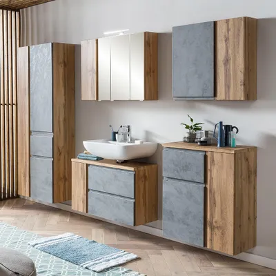 Produktbild von Badezimmer Möbel Set, stehend oder hängend, in Wotan Eiche Nb. mit Beton Optik, VASTO-03-CONCRETE, B/H/T ca. 245/200/35 cm
