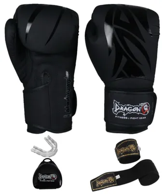 Immagine prodotto di Set professionale Dragon Mamba: guantoni da boxe, protezioni per tibia, protezioni per la testa, bendaggi, paradenti. Ideale per Muay Thai, kickboxing e MMA. (Set Mamba da 3 pezzi: guantoni, paradenti, bendaggio - 16 oz)