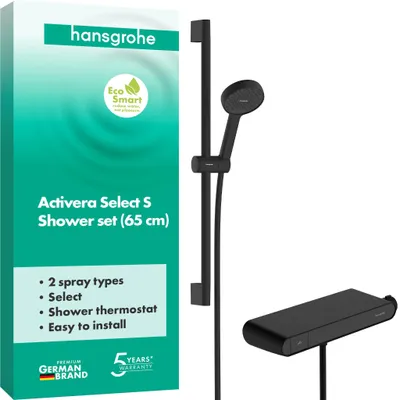 Duschset mit Thermostat, Duschstange 65 cm, mattschwarz