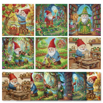 Productafbeelding van Diamond Painting Set: 6 stukken, tuinkabouters en bosmotieven, 5D knutselset, 15x15 cm
