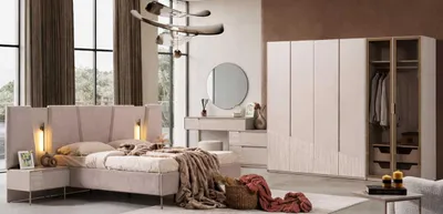 Productafbeelding van Nachtkastje, kledingkast, make-up tafel, spiegel, kruk. Stijl: modern
