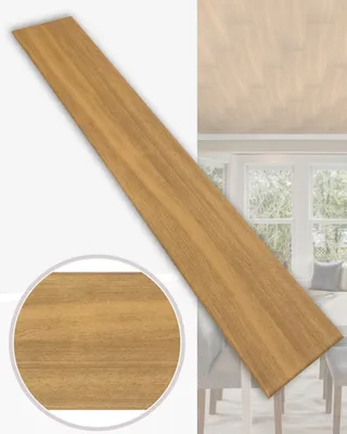 A wooden plank is shown diagonally against a blurred background of a room with windows and furniture. A close-up inset of the wood grain is also visible.