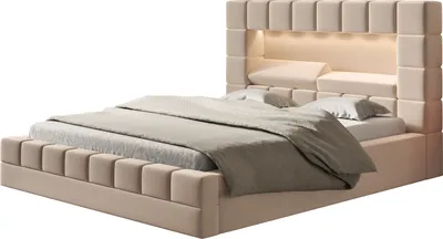 A bed with a headboard and bedding, set against a white background.