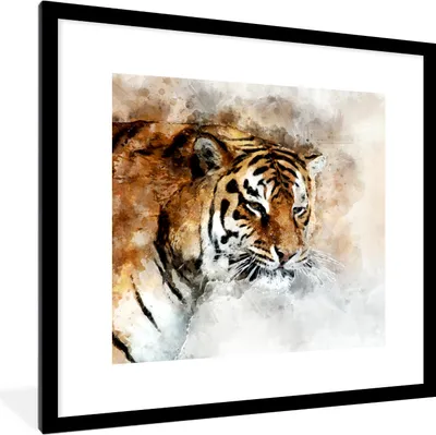Produktbild von MuchoWow® MuchoWow® Gerahmtes Poster Tiger - Gemälde - Weiß 40x40 cm - Poster mit zchwarzem Bilderrahmen - Poster - Plakat im Rahmen
