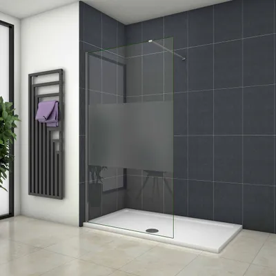 A modern bathroom with a walk-in shower.