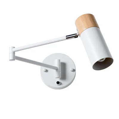 Image de Applique murale Alpinaluz ALBA blanche avec détails en bois, bras orientable et interrupteur, lampe de lecture avec douille E27 pour chambre à coucher, tête de lit et salon