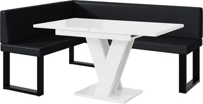 Produktbild von MEBLINI Eckbank für Esszimmer mit ausziehbarem Tisch - Küchenbank - Essecke - Sitzecke Küche - ERIC - U-Beine 128x168x87cm Links - Schwarz Kunstleder/M Weiß Hochgl.