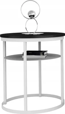 Zdjęcie produktu dla Okrągły Stolik Kawowy z Półką Do Salonu Loft 55 cm Metal Biały+MiniPearl