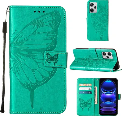 Produktbild von Lederhülle für Xiaomi Redmi Note 12 Pro+ Schmetterling Prägung Flip Ledertasche Kartenfächer Handyhülle mit Ständer Grün
