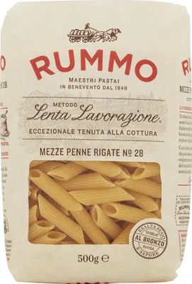 Produktbild von Rummo Lenta Lavorazione Mezze Penne Rigate No.28 500g Packung (Rundnudeln)