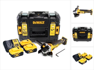 A collage of images showing a DeWalt angle grinder set, including the tool, batteries, charger, and case.