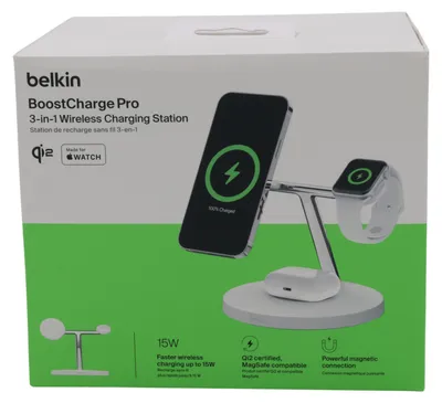 Zdjęcie produktu dla Ładowarka bezprzewodowa BELKIN BOOST CHARGE PRO 3w1 15W z funkcją szybkiego ładowania zegarka Apple Watch, biała | Belkin