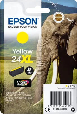Produktbild von Epson Elephant 24XL Elefant Claria Photo HD Single Yellow Tinte, High (L) Yield, Gelb, Tinte auf Pigmentbasis, 8,7 ml, 1 Stück(e), Einzelpackung