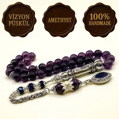 Produktbild von Tesbih Amethyst 8mm Gebetskette 33 Perlen Vizyon Püskül Geschenk mit Etui