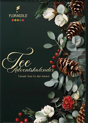 A dark green advent calendar booklet with festive decorations like pine cones, berries, and flowers.