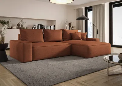 Produktbild von BEDANTE ECKSOFA MONA mit Schlaffunktion ARAGON 56 Orange Rechts L-Form Sofa mit Stauraum Bettkasten Wohnzimmersofa Couch Sofa Bettsofa Bettkasten Bettcouch
