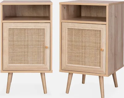 Produktbild von sweeek Nachttisch 2er Set aus Spanplatten Holzdekor mit Natur-Rattangeflecht, Stauraum mit Tür, L40 x B39 x H70 cm, max. Belastbarkeit 50 kg
