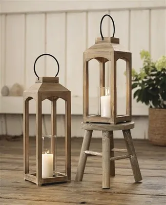 Image de 2x Lanterne "Wood" en bois, 38 + 48 cm de haut, lanterne de sol, lanterne à bougie, lanterne en bois, photophore