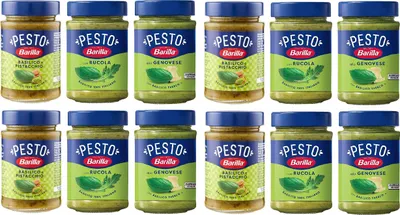 Produktbild von Testpaket 12x Barilla grünes 4x Pesto Basilico e Rucola 4x Pesto genovese 4x Pesto pistacchio Pesto Basilico e Pistacchio Pesto mit Basilikum und Pistazien 6x 190g