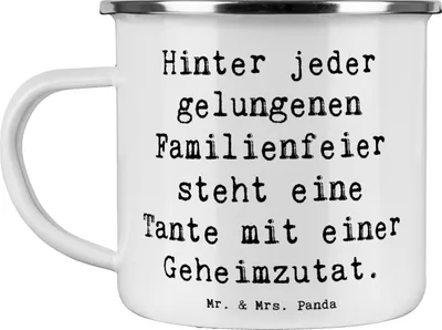 Produktbild von Mr. & Mrs. Panda Emaille Tasse Spruch Tante Geheimzutat - Weiß - Geschenk, Neffe, Pott, Kaffeepott, Teetasse, Verwandtschaft, Emailletasse, Geburtstage, Rezept, familiär
