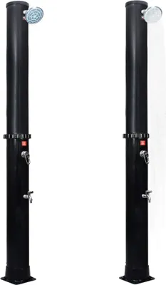 Two black solar showers are shown side-by-side against a white background.