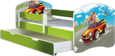 Produktbild von ACMA Jugendbett Kinderbett Junior-Bett Komplett-Set mit Matratze Lattenrost und Rausfallschutz Grün 03 Racing Car 140x70 + Bettkasten
