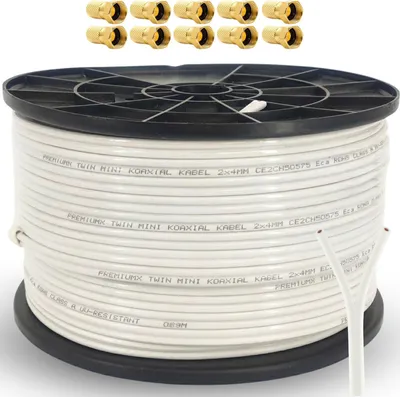 Produktbild von PremiumX Twini Mini KoaxialKabel 2x4mm Kabel 100m in weiß mit F-Stecker