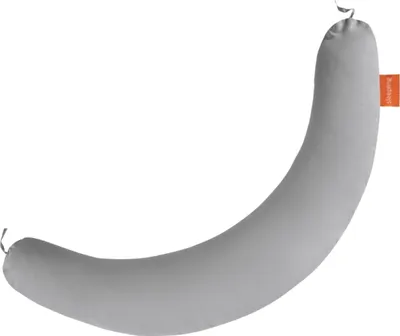 A grey, curved pillow against a white background.