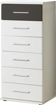 Produktbild von Kommode "Click" aus Spanplatte in Weiß mit 6 Schubladen. Abmessungen (B/H/T) 46x106x40 cm
