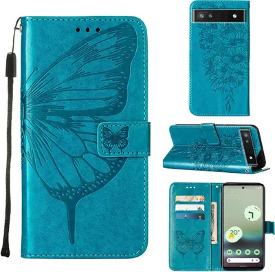 Produktbild von Google Pixel 6A Hülle, Schmetterling Prägung Flip Leder Kartenfächer Schutzhülle Ledertasche mit Ständer für Google Pixel 6A Blau