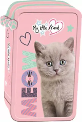 Produktbild von Goldkids - Federmäppchen 3 Fächer - Mäppchen für Mädchen und Jungen - Federmappe 3-Fach Federtasche 44-teilig Gefüllte Schüleretui - Katze Motiv