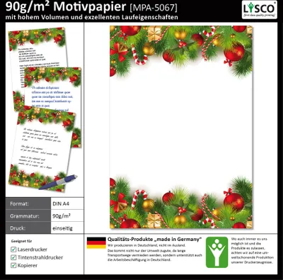 Produktbild von Motivpapier Briefpapier (Weihnachten-5067, DIN A4 25 Blatt) grüne Tannenzweige mit Geschenken Zuckerstangen Schleifen Misteln Weihnachtskugeln Ketten Glöckchen