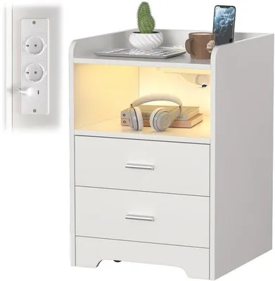 Obrázek produktu pro Noční stolek s LED osvětlením a nabíjecí stanicí, moderní design, bílá barva