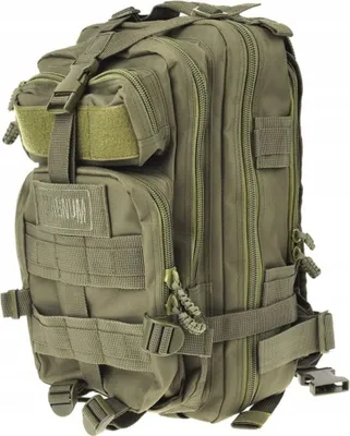 A tactical backpack in olive green.