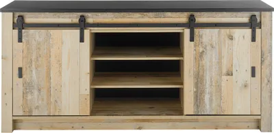 A front view of a kitchen cabinet with sliding doors and open shelves.