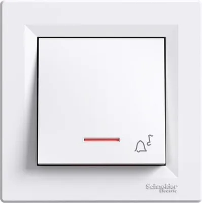 A white light switch with a bell icon and a red indicator light.