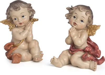 Obrázek produktu pro sada 2 figurek modlících se andělů - sedící dekorativní andělé se zlatými křídly z polyresinu - výška 8,5 cm - roztomilé figurky andělů jako dekorace na vánoční stůl a dekorace